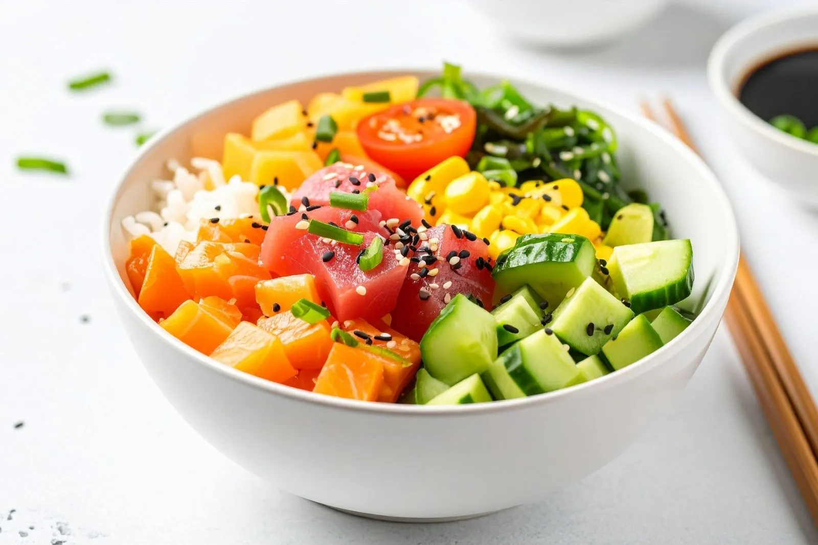 Fresh tuna poke bowl with mango, cucumber, corn and seaweed salad at O E C Asian Fusion Restaurant in Picayune