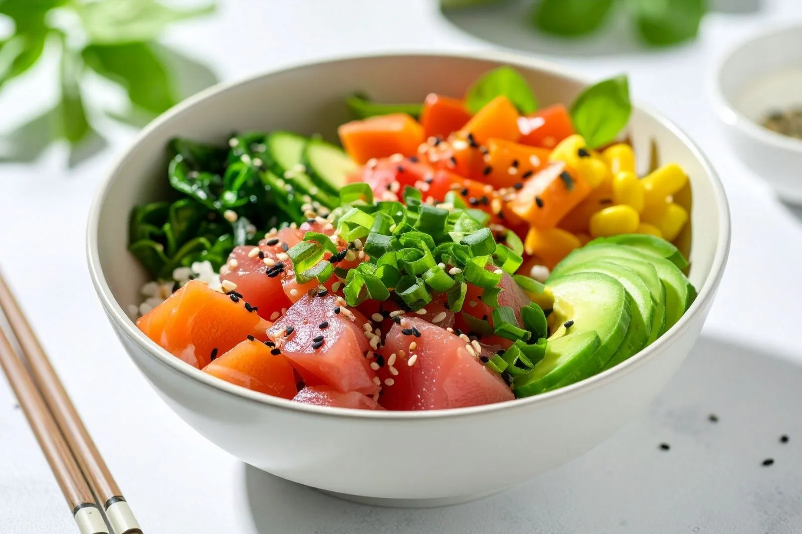 Colorful salmon tuna poke bowl topped with avocado, green onions and sesame seeds at O E C Asian Fusion Restaurant in Picayune