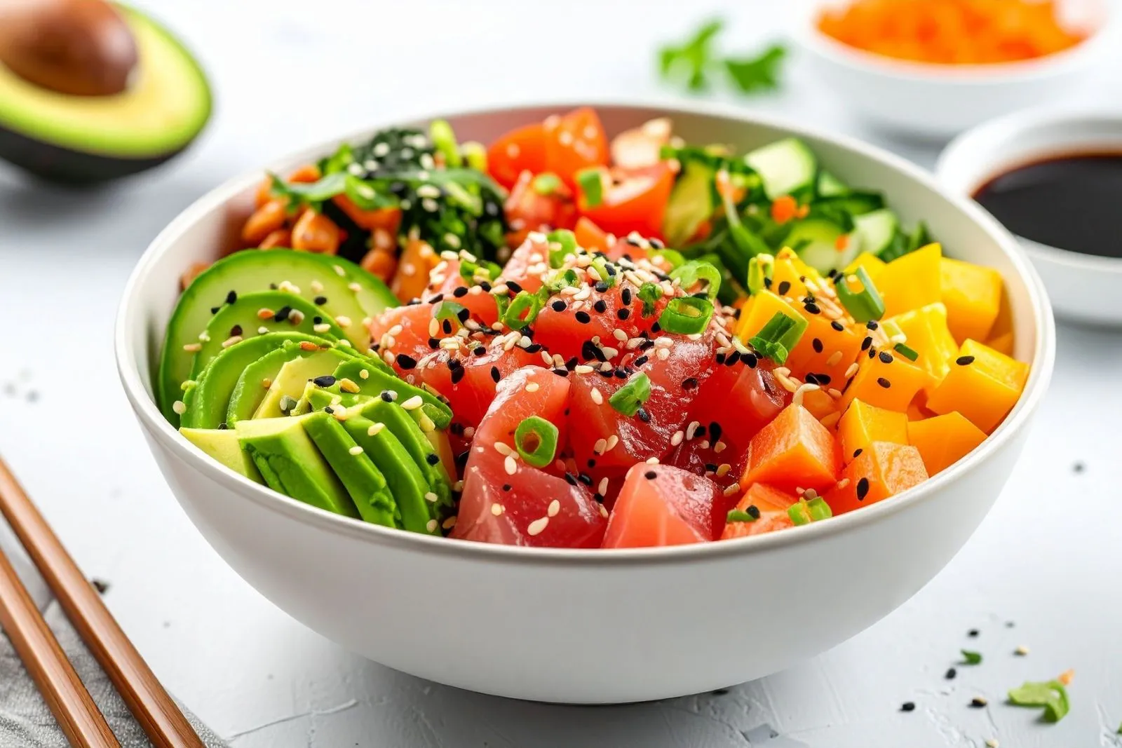 Tuna poke rice bowl with sliced avocado, diced mango and mixed crisp veggies at O E C Asian Fusion Restaurant in Picayune